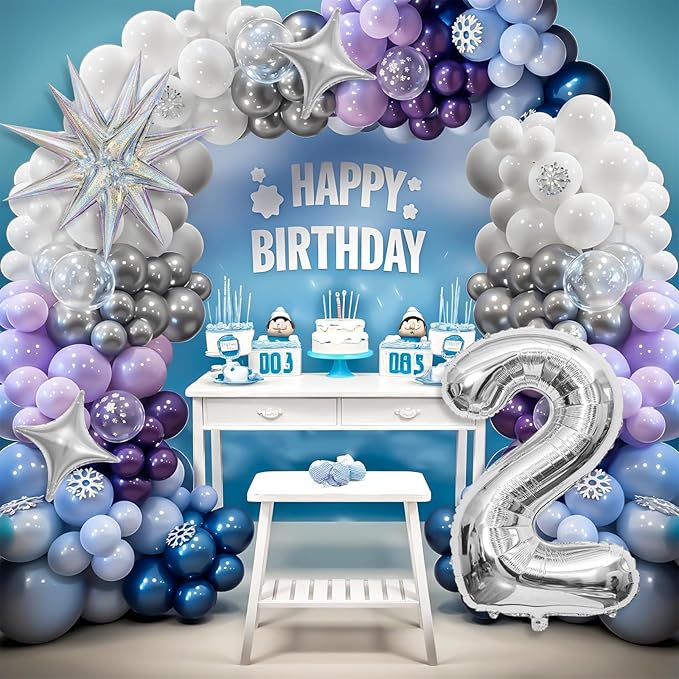 Snow 2nd Birthday Decorations Girl, Snowflake Balloon Garland Arch Kit, Laser Explosion Star Balloons, Silver Number 2 Balloon Tower for Baby Shower Girls 2nd Snow Theme Party Supplies