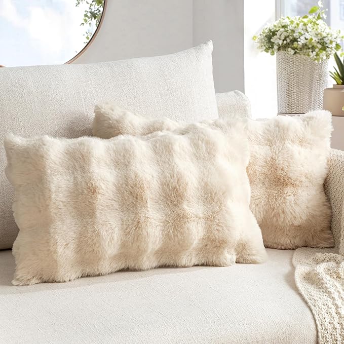 MIULEE Faux Fur Pillow Covers Thick Soft Plush Lumbar Throw Pillows Luxury Home Decor for Couch Bed Bedroom Living Room Sofa,12x20 Inch Pack of 2 Beige