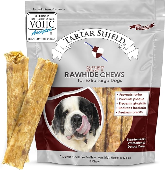 Tartar Shield Soft Rawhide Chews | Safe Dental Treats for Large Dogs | Vet VOHC Approved | Daily Bone Cleans Teeth & Gums Fresh Breath Oral Health Support | USA Made | (XL Dogs / 12 Count)