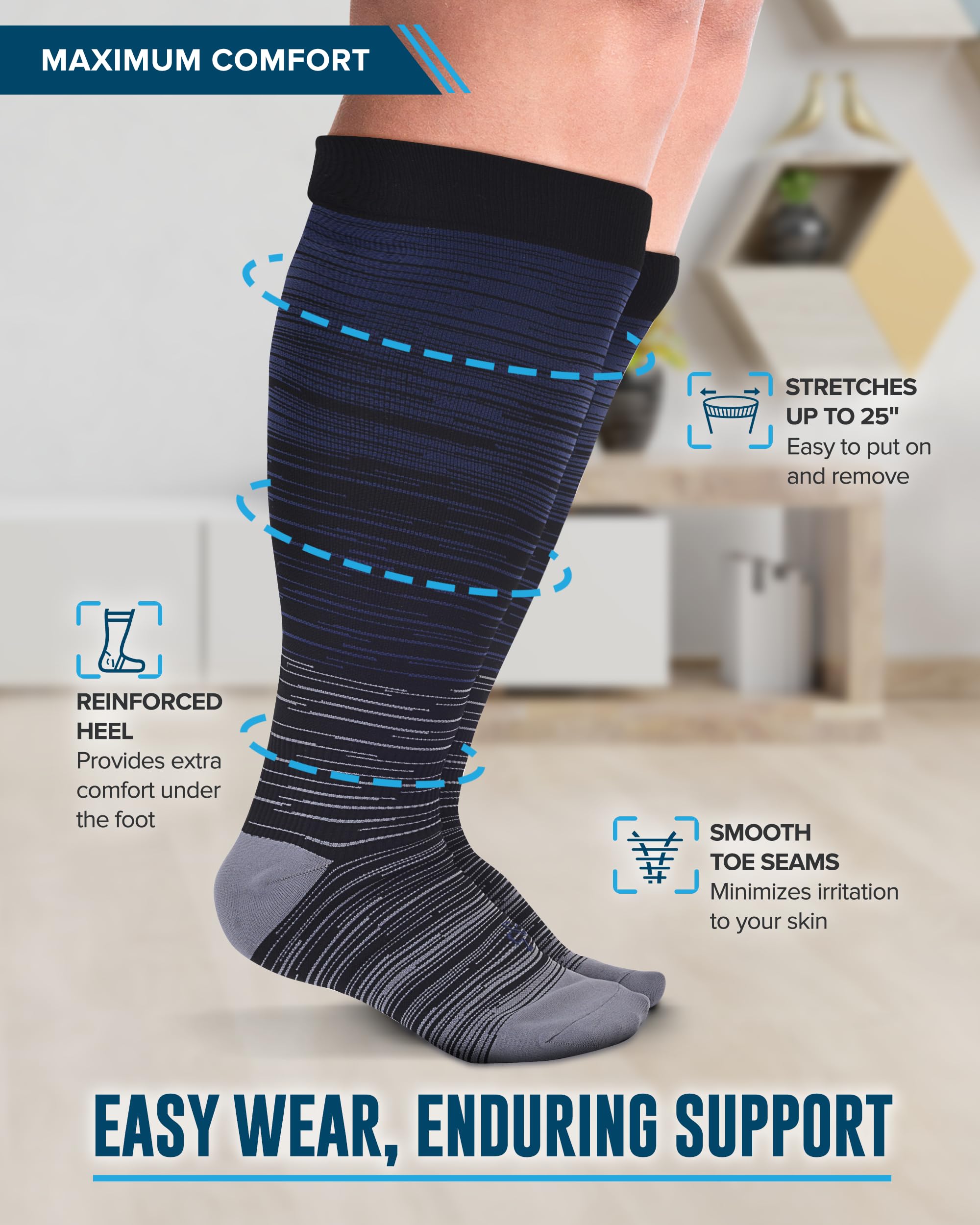 Doctor's Select® 3 Pairs Plus Size Compression Socks Wide Calf - Up to 6XL | 20-30 mmHg Compression Socks for Women Wide Calf | Line Patterns 2
