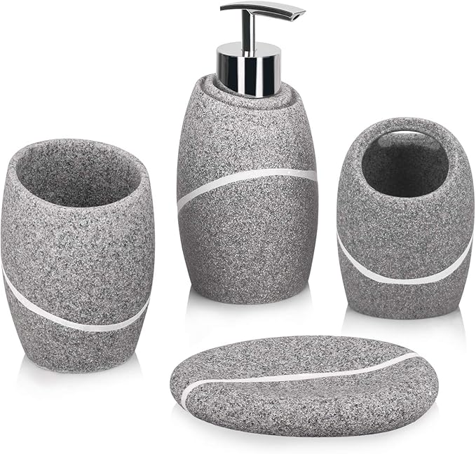 Bathroom Accessory Set,4 Pieces Bathroom Decor Accessories Complete Set Vanity Countertop Accessory Set,Includes Bathroom Soap Dispenser Set,Toothbrush Holder Set,Tumbler,Soap Dish,Grey Granite