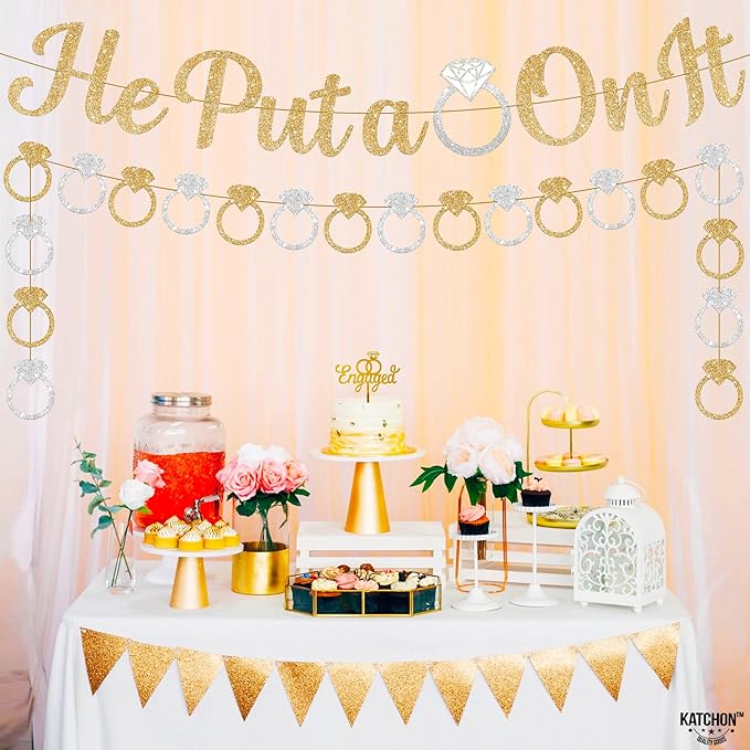KatchOn, He Put a Ring On It Banner - 10 Feet, No DIY | Gold and Silver Engagement Party Decorations | He Put A Ring On It Sign for Bachelorette Party Decorations, Bridal Shower Decorations