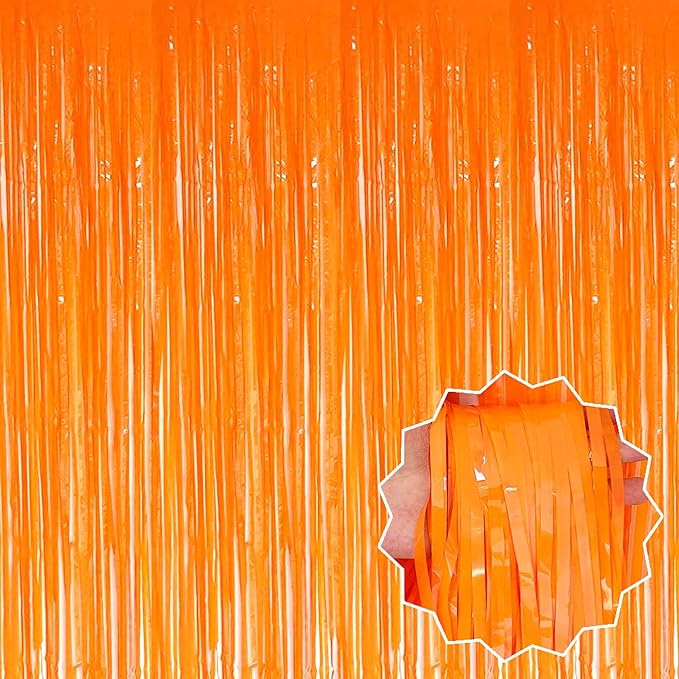 6 Pack Macaron Orange Foil Fringe Curtains Backdrop, 3.28 x 8.2 Ft Metallic Streamers Tinsel Curtains Background for Photo Booth, Birthday, Christmas, Halloween, New Year Party Decorations