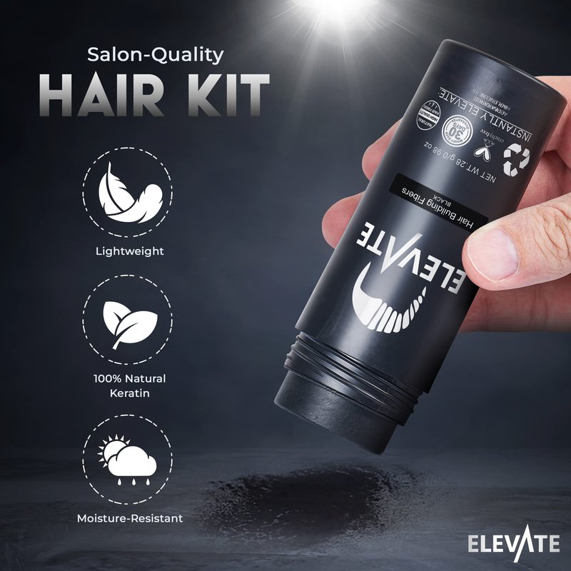 ELEVATE Hair Perfecting 2-in-1 Kit | Set Includes Natural Hair Thickening Fibers & Spray Applicator Pump Nozzle | Instantly Conceal & Thicken Thinning Balding Areas in Seconds Men & Women (Black)