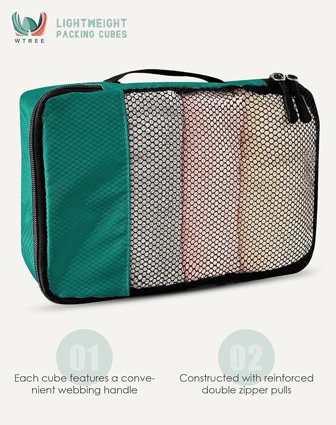 WTREE 4-Piece Packing Cubes Travel Accessories Set for Suitcases - Luggage Organizer Bags with Double Zipper - Mesh Top - Large - Green