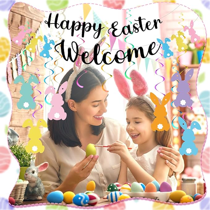 Easter Hanging Swirl Decoration 26 Pcs Easter Decoration Happy Bunny Hanging Swirl Foil Banner Garland Bunny Party Decorations Glitter Colorful Cute Party Ornaments for Ceiling Home Office Wall