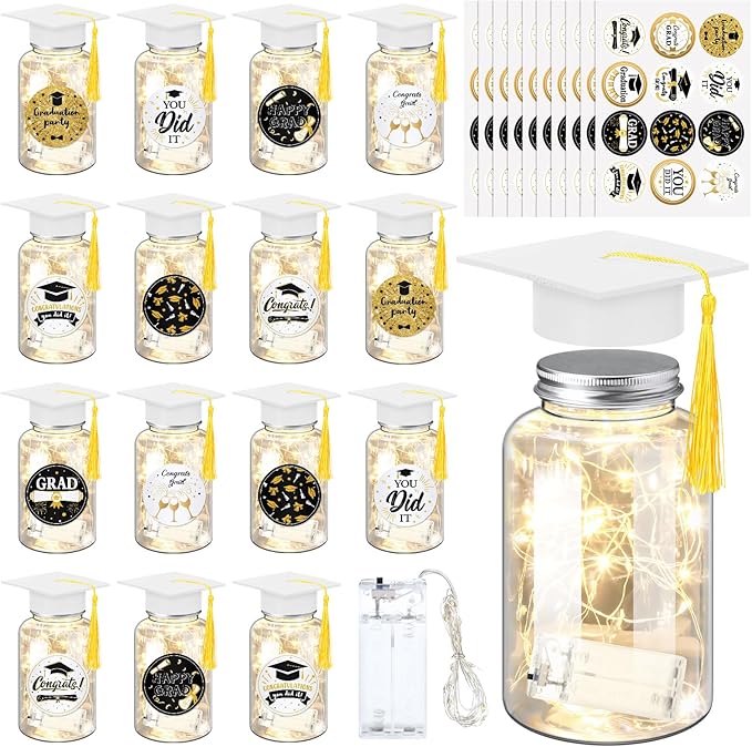 Boao 16 Sets Graduation Table Decoration Set with LED Light up Graduation Decorations for Class of 2026, Grad Jar, Felt Grad Hat and Stickers for High School College(White,Vivid)