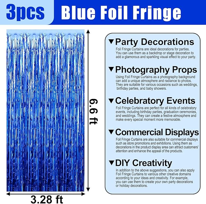 3 Pack Blue Foil Fringe Curtain Backdrop, 3.28Ft x 6.6Ft Metallic Tinsel Foil Fringe Streamer Curtains for Photo Booth, Christmas Day, Thanksgiving, Wedding, New Year Party Decorations
