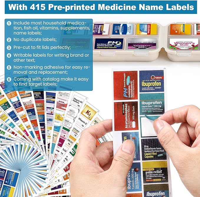 14 Grids Travel Pill Organizer Box with 415-Pcs Medicine Name Labels - Pocket Daily Pharmacy Case Container Kit - Travel Medication Holder Dispenser for Fish Oil Vitamin Supplement Storage - Khaki
