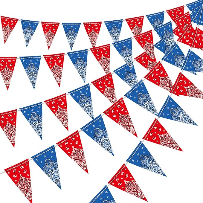 Boao 5 Pack Western Cowboy Party Decorations Bandana Pennant Banner Wild West Decor Western Cowboy Themed Yee Haw Country Party Decoration Supplies 9.8 x 5 ft(Red, Blue)