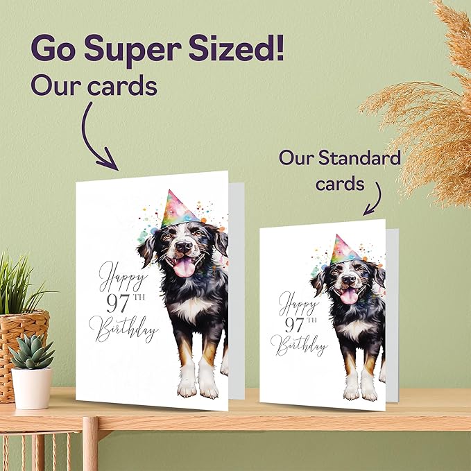 97th Birthday Cards for Women Men - Party Dog - Happy Birthday Card for 97 Year Old Woman Man Great Nan Grandma Grandad Mum Dad Auntie Uncle Cousin, 5x7 Inch Bday Greeting Cards