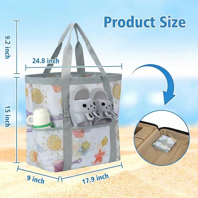 Mesh Beach Bags for Family - Women Beach Tote Bag for Toys, Towels, Travel Vacation Cruise Essentials