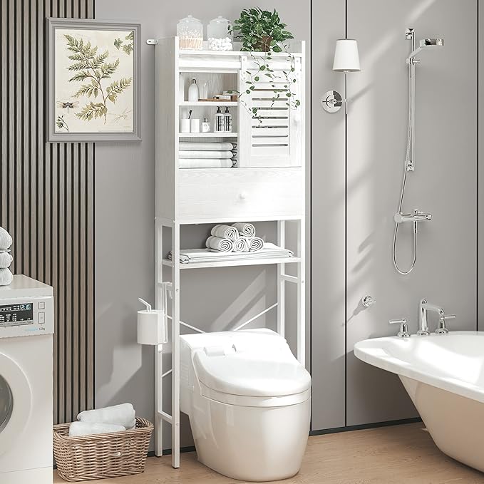 IRONCK Over The Toilet Storage Rack with Cabinet and Drawer, 6 Tier Bathroom Organizer Shelves Space Saver with Adjustable Shelf, Sliding Door, Paper Hook, White