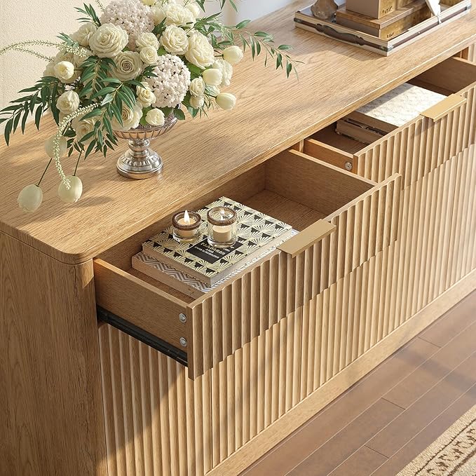 Evermagin 67" Fluted Oak Sideboard Buffet Cabinet with 3 Drawers, Modern Credenza with Storage, Console Coffee Bar Cabinet for Kitchen, Living Room and Entryway (67" W x 31.5" H x 15.7" D)