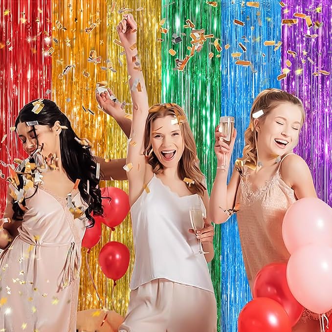 Rainbow Metallic Tinsel Foil Fringe Curtains, 2 Pack 3.3x8.3 Feet Party Streamer for Birthday Party Decorations, Halloween Decor, Foil Curtain for Christmas Party
