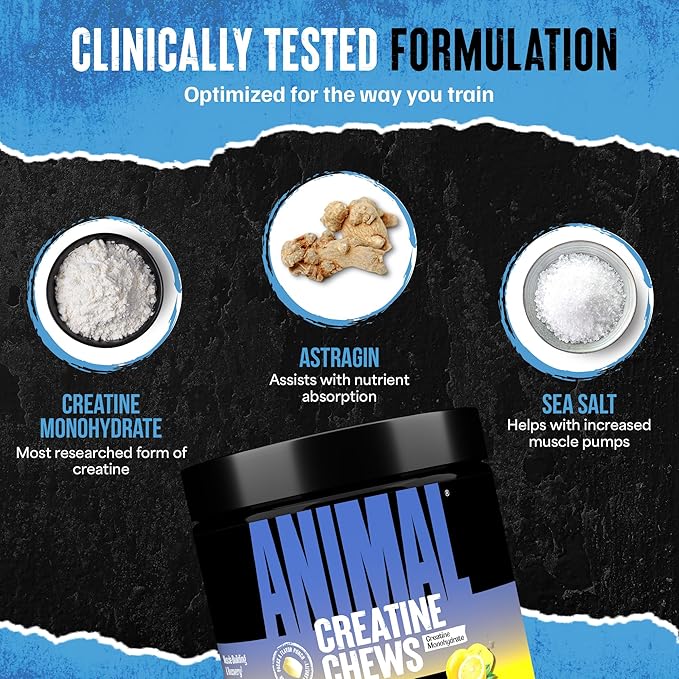 Animal Creatine Chews Tablets - Enhanced Creatine Monohydrate with AstraGin to Improve Absorption, Sea Salt for Added Pumps, Delicious and Convenient Chewable Tablets - Lemon Ice