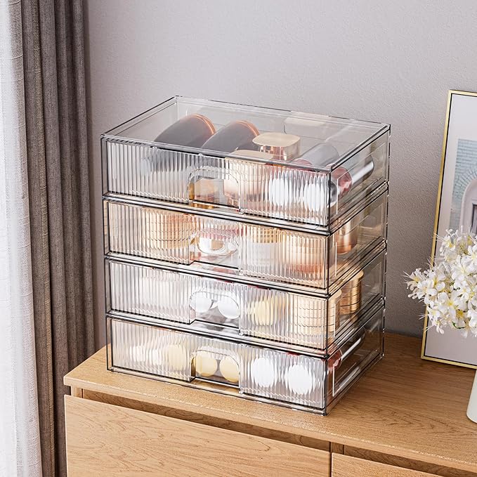 ZHIAI Stackable Storage Drawer, 4 Piece Acrylic Organiser for Cosmetics and Beauty Products, Suitable for Dressers, Bathrooms, Cabinets, Storage Rooms, Bedrooms and Home Organisers