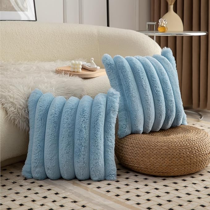 Neelvin Blue Faux Fur Cozy Soft Striped Decorative Throw Pillow Covers 16x16 inch Set of 2,Velvet Pillowcase Cushion Case for Sofa Couch