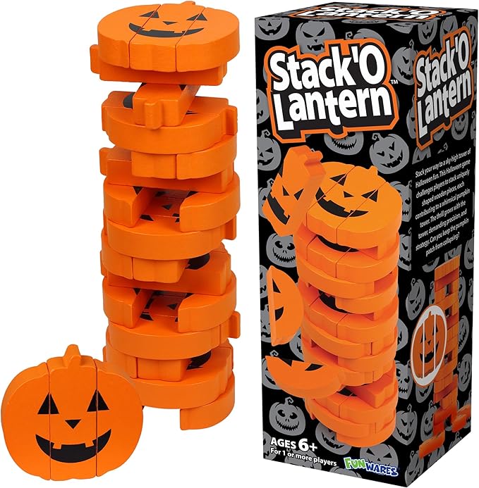 Funwares Stack 'O Lantern Pumpkin Stack-Up Wooden Blocks Stacking Game, Tumbling Tower, Family & Party Fun, Kids and Adults, Holiday Decoration, Ages 6+