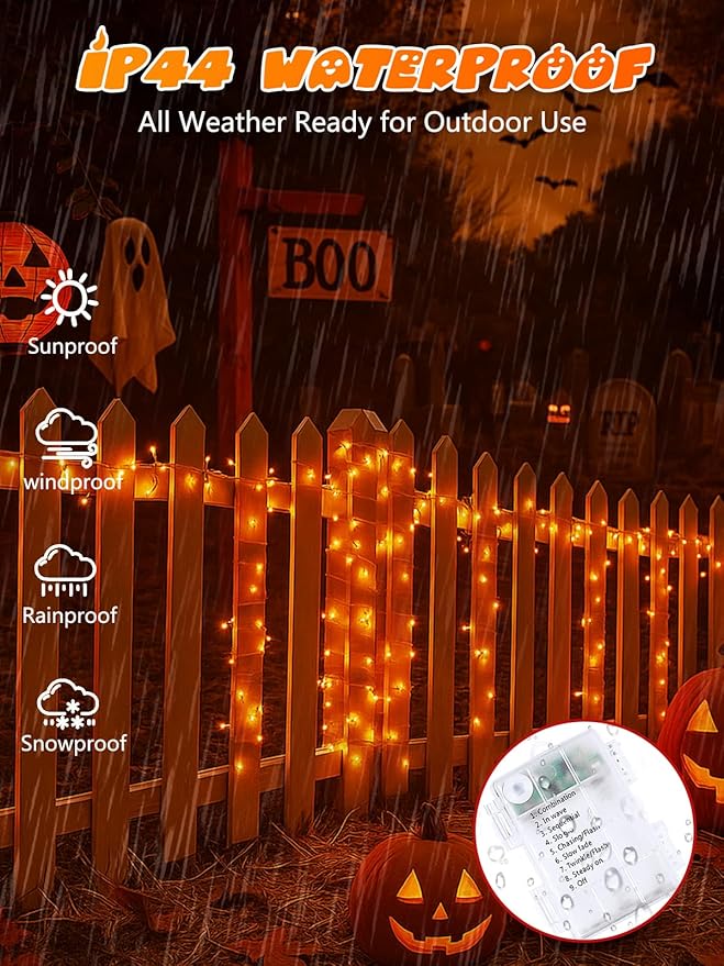 Halloween String Lights Battery Operated with Auto Timer, 33FT 100 LED Waterproof Orange String Lights with 8 Modes, Fairy Twinkle Light for Indoor & Outdoor Bedroom Fall Decor Halloween Decorations