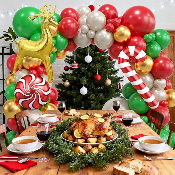 Christmas Balloon Arch Kit, Christma Green Red Sand White Gold Balloons, Candy Crutch Deer Foil Ballons for MerryChristmas Party Decorations Xmas Party Supply Birthday,Baby Shower