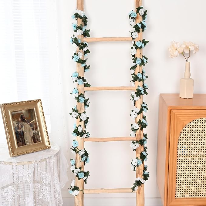 MARTINE MALL Flower Garland - 8 Strands 66Ft Rose Vines for Bedroom, Blue and White Rose Floral Garland for Room Birthday Wedding Party Garden Wall Decor