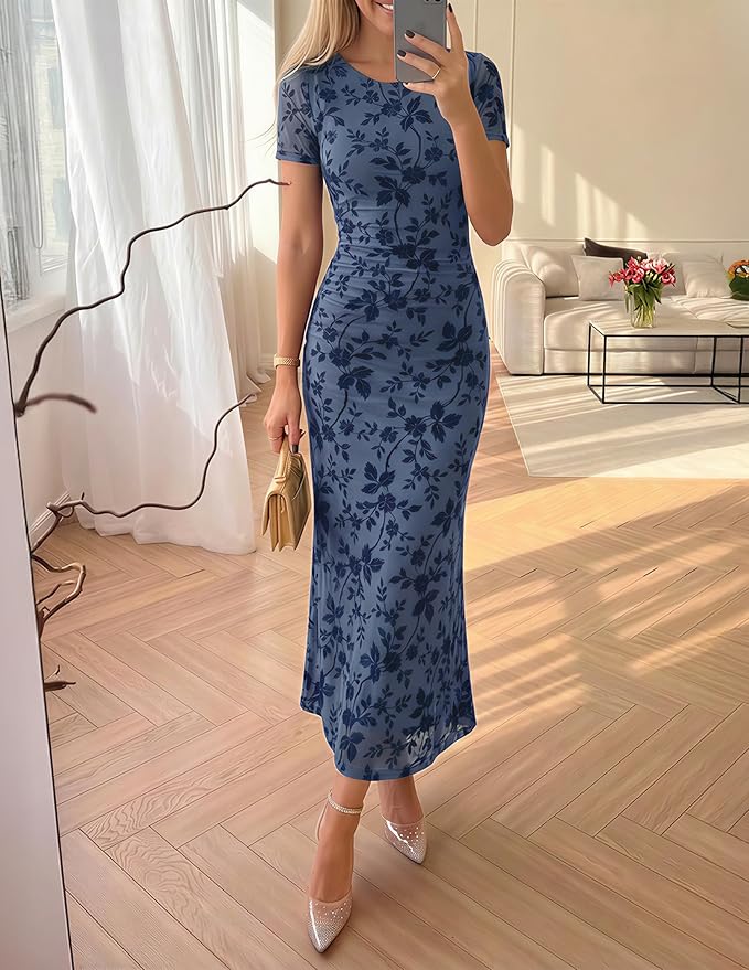 ZESICA Women's Summer Floral Bodycon Long Dress 2026 Ruched Mesh Formal Cocktail Party Wedding Guest Maxi Dresses