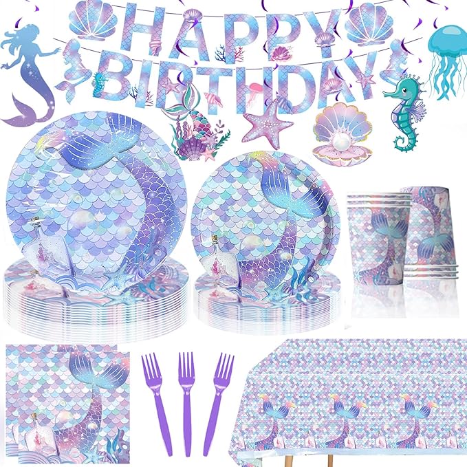 Mermaid Party Supplies Tableware Set,Purple Birthday Decoration Including Plates Napkins Cups Invitation Cards Banners Tablecloths Knife Fork Straws for Party Baby Shower Decorations,Serves 20