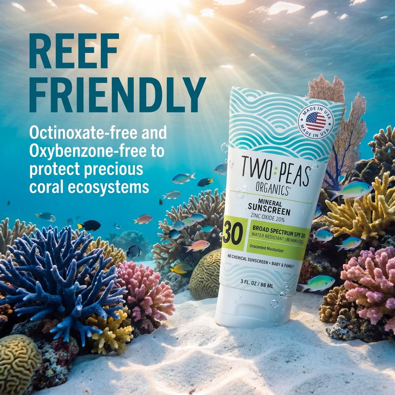 Two Peas Organics Mineral Sunscreen SPF 30 Lotion, Non-Nano Zinc, Reef Safe, Baby & Family Sensitive Skin, Water-Resistant 80 Min, Unscented, Organic & Cruelty Free, 3 oz Single pack