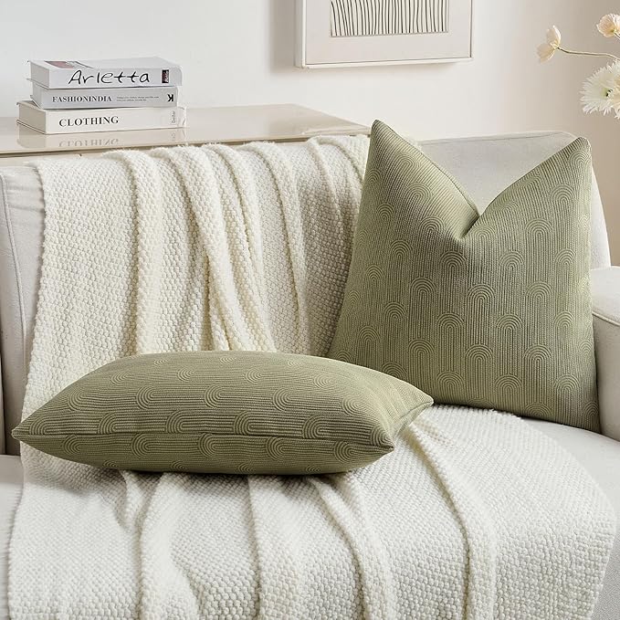 FUTEI Moss Green Chenille Decorative Throw Pillow Covers 24x24 Inch Set of 2,Soft Cozy Striped Geometric Patterns European Cushion Case,Modern Home Decor for Couch Bed Living Room