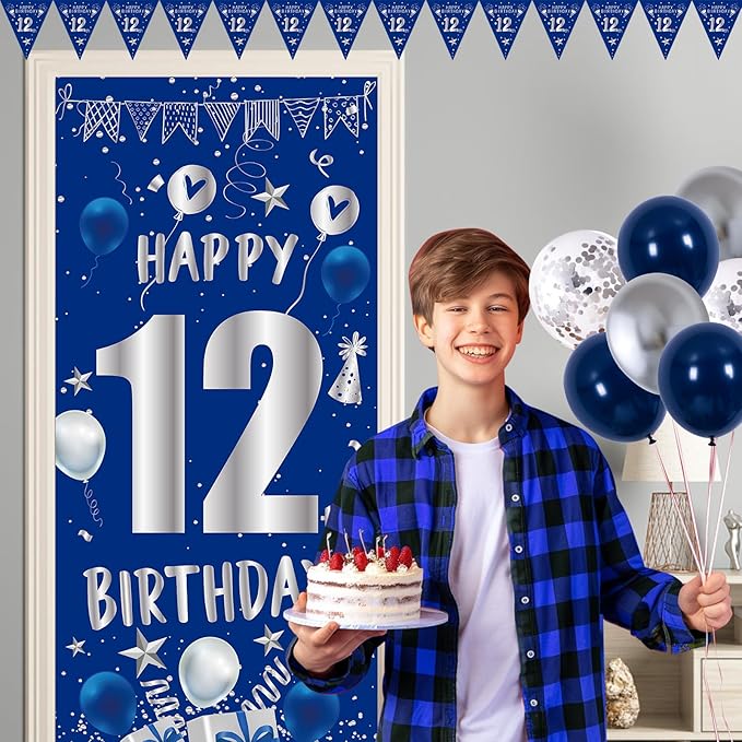 12th Birthday Decorations for Boys Girls, Blue Silver Happy 12th Birthday Party Decorations Supplies - Happy 12 Birthday Backdrop Banner Tablecloth Triangle Flag Balloons for 12 Year Old Party