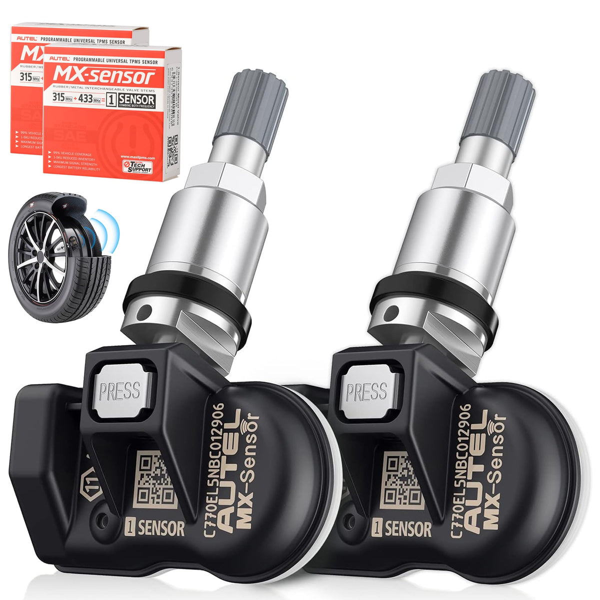 Autel TPMS MX Sensor 315 433Mhz 2in1 Tire Sensors, OE-Level Press-Release Universal 100% Programmable by TPMS Tool TS408S TS501