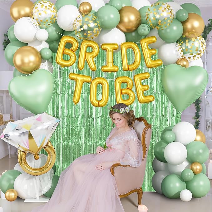 Sage Green Bachelorette Party Decorations, Bride To Be Helium Mylar Foil Letter Balloons with White Gold Camp Latex Balloons and for Bridal Shower Decoration Engagement Hen Wedding Party Decor