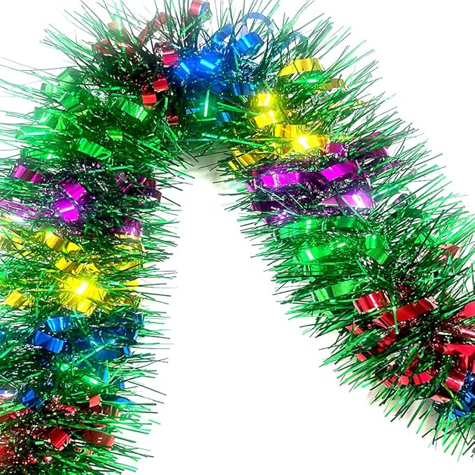33Ft Green Tinsel Twist Garland Shiny Thick Metallic Foil Xmas Tree Decorations for Christmas New Year Parties St Patricks Day Parade Floats and Other Holidays Party Hanging Decor-(Colours+Green)