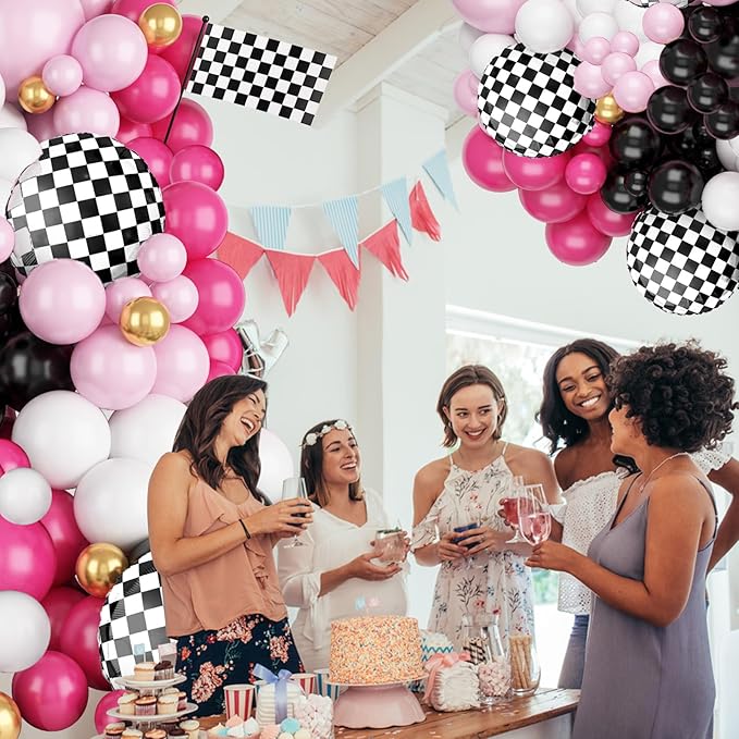 FunHot Pink Race Car Balloon Arch Garland Kit, Hot Pink Black Balloons Arch with Black and White Plaid Foil Balloons for Racing Car Theme Birthday Party Decorations