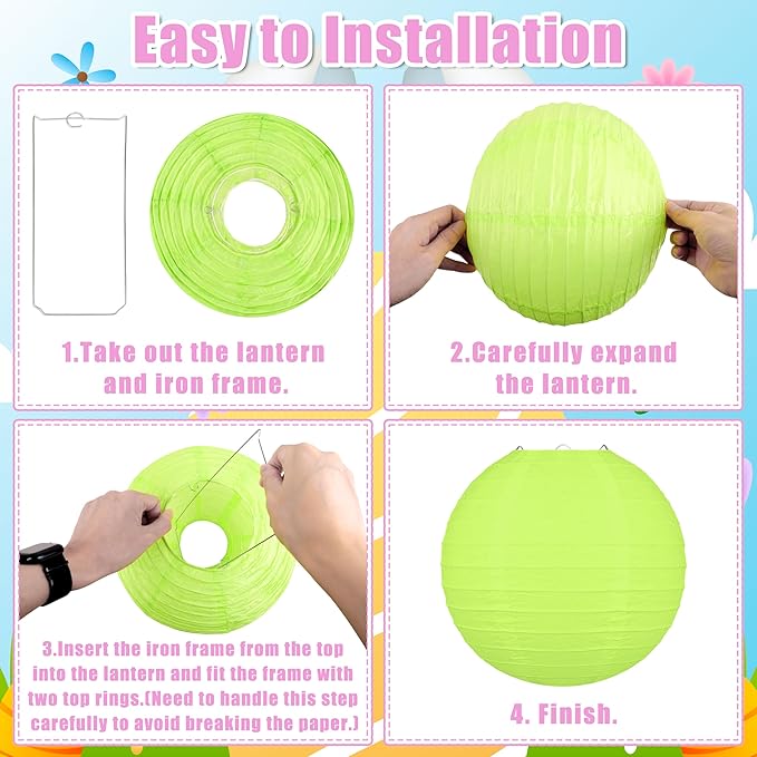 16pcs Easter Party Hanging Decorations – Pastel Paper Lanterns and Pom Poms Set for Classroom, Birthday Supplies, Egg Hunt, Indoor Home Spring Decor