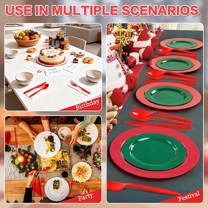 360-Pack Plastic Red Silverware Set, Disposable Cutlery Set, Plastic Forks and Spoons Knives Utensils Set (120 Each) for Christmas Party, Valentine‘s Day, Weddings, Festive Events