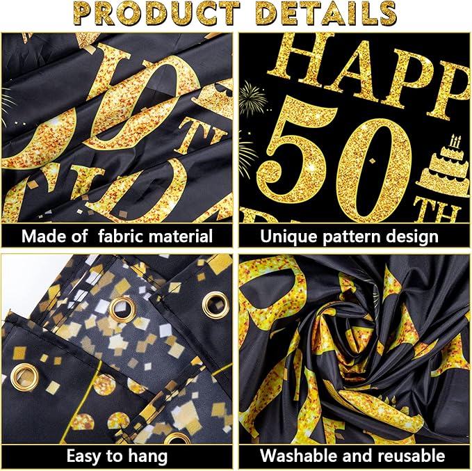 50th Birthday Decorations for Men Women - Happy 50th Birthday Banner Party Decorations Black Gold 50 Years Birthday Party Suppiles Background for Home Outdoor Birthday Decor(71 x 45 inch)