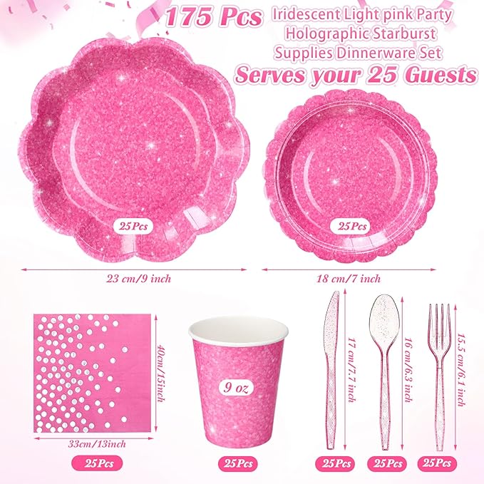 Hushee 175 Pcs Hot Pink Holographic Print Party 25 Guests Disposable Dinnerware Set Include Paper Plates, Napkins, Paper Cups, Plastic Tableware for Birthday Party