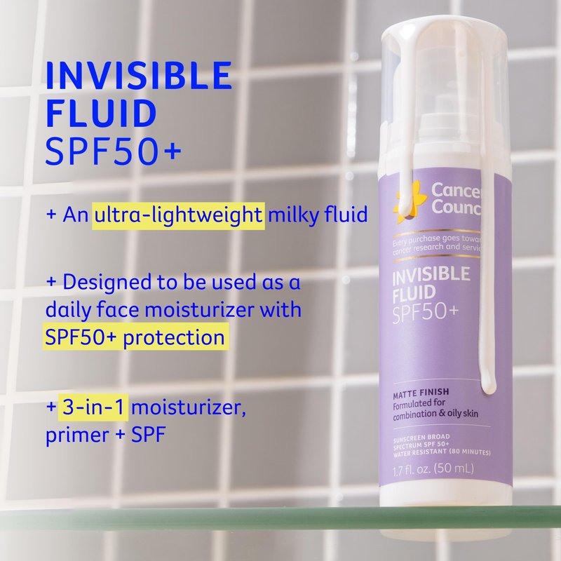 Cancer Council Invisible Fluid Face Sunscreen, SPF50+, Face Moisturizer Sun Care with Jojoba Oil, Vitamin E, Broad Spectrum UVA/UVB Sun Protection, Oily Sensitive Skin, Paraben & Fragrance Free, 50ml