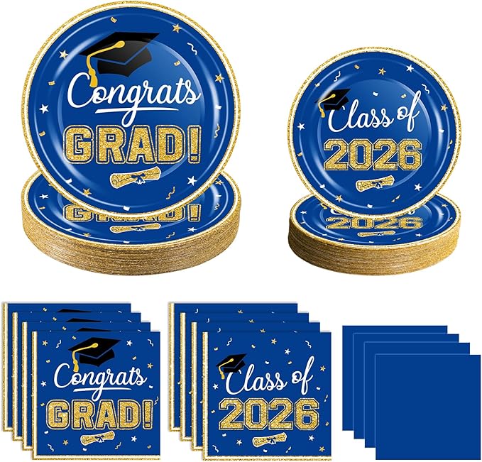 320 Pcs Graduation Table Decorations Party Supplies - Blue Gold Graduation Plates and Napkins Class of 2026 Disposable Dinnerware Set for College High School Congrats Grad Party Favors, Serve 80