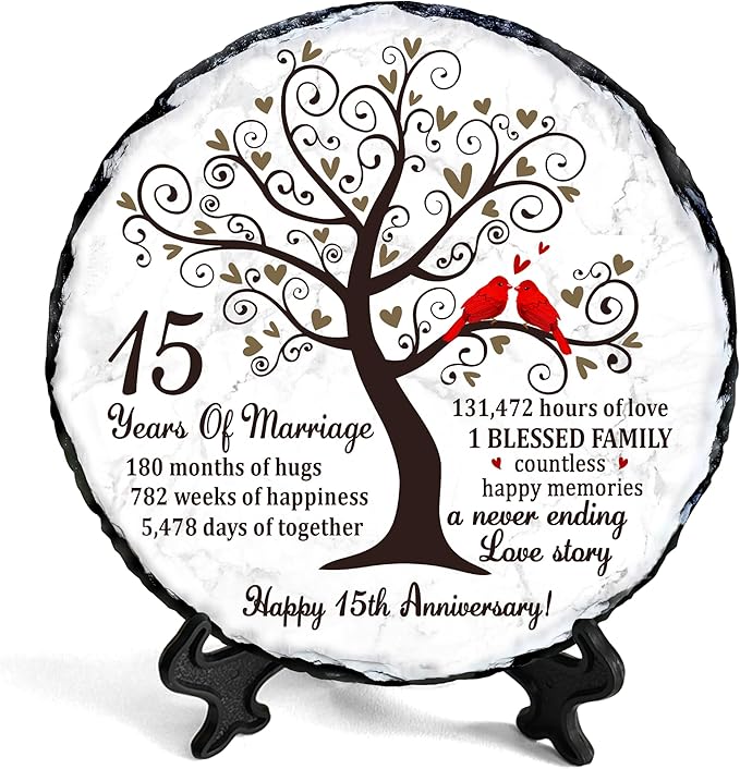 15th Wedding Anniversary Slate Plate – Crystal Anniversary Wedding Gifts for Couple or Parents – Unique 15 Years of Marriage Celebration Decoration – 5.9 inches Plaque, Keepsake