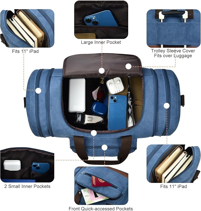 Litvyak Duffle Bag for Travel, 50L Canvas Travel Duffel Bags Overnight Weekend Gym Carry On Luggage Bag for Men & Womenn(Blue+Toiletry Bag)