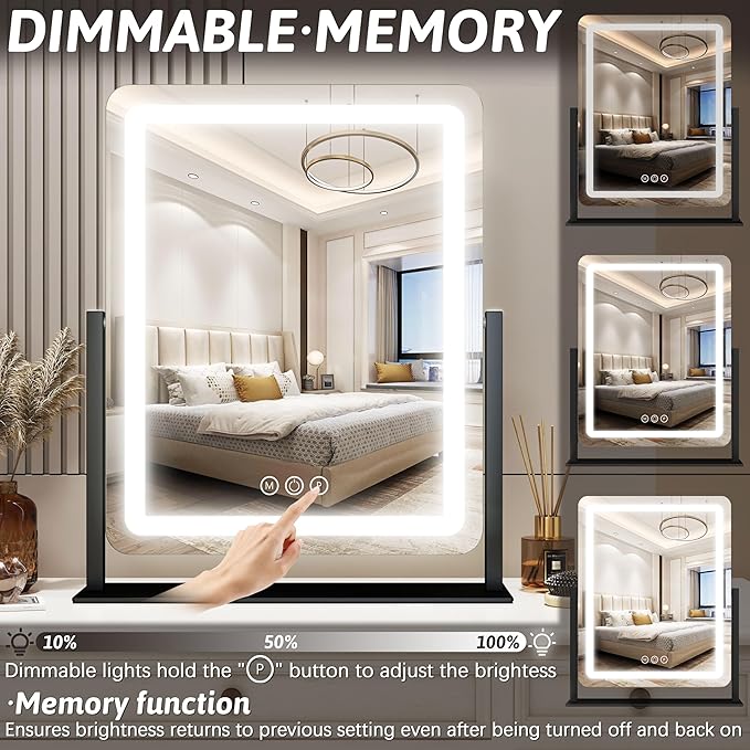 FENNIO Vanity Mirror with Lights 19"x22" - LED Lighted Makeup Mirror,Large Makeup Mirror with Lights,Touch Screen with 3-Color Lighting,Led Mirror Makeup,Dimmable, for Vanity Desk Tabletop, Bedroom