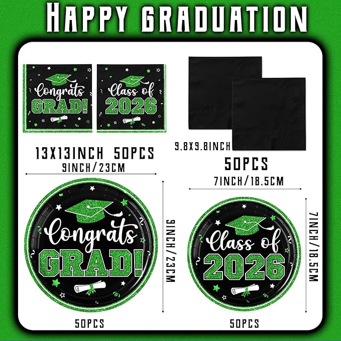 Black and Green Graduation Decorations,200Pcs Black and Green Graduation Plates and Napkins Congrats Grad Class Of 2026 Plates for Graduatio Party Supplies ,Serve 50