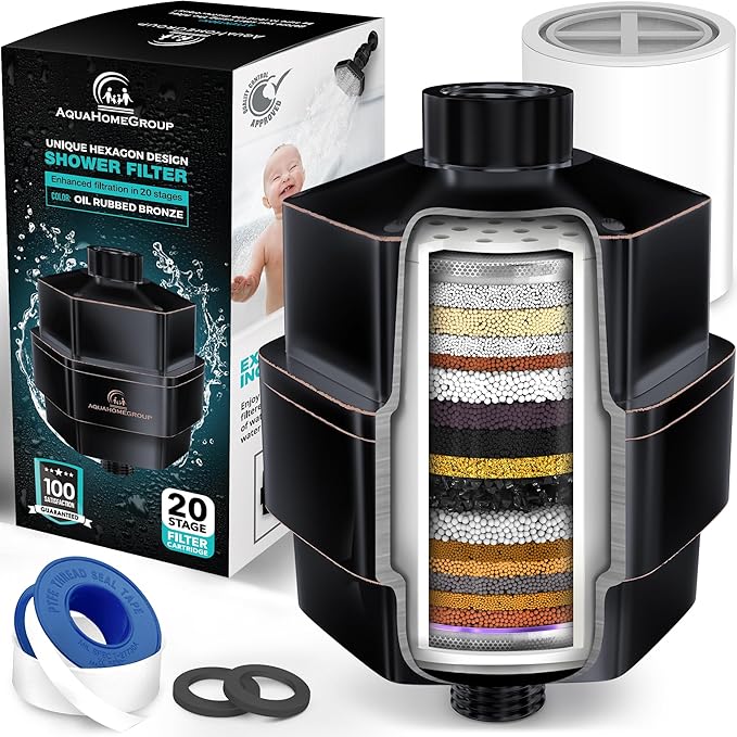 AquaHomeGroup 20 Stage Shower Filter for Hard Water - High Output Universal Shower Head Filter for Chlorine, Fluoride, Heavy Metals - Vitamin C E Shower Water Filter for Hair and Skin (Bronze Black)