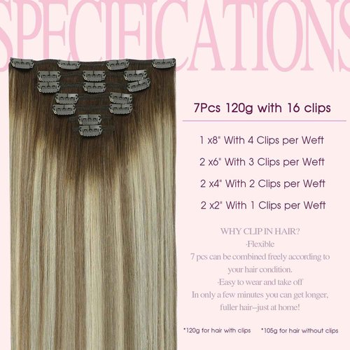 PINKPEARL Clip in Human Hair Extensions #3/8/22 Balayage Walnut Brown to Ash Brown and Golden Blonde Clip in Hair Extensions Real Human Hair 7pcs 120g 14inch Human Hair Extensios Clip ins(#3/8/22-14)