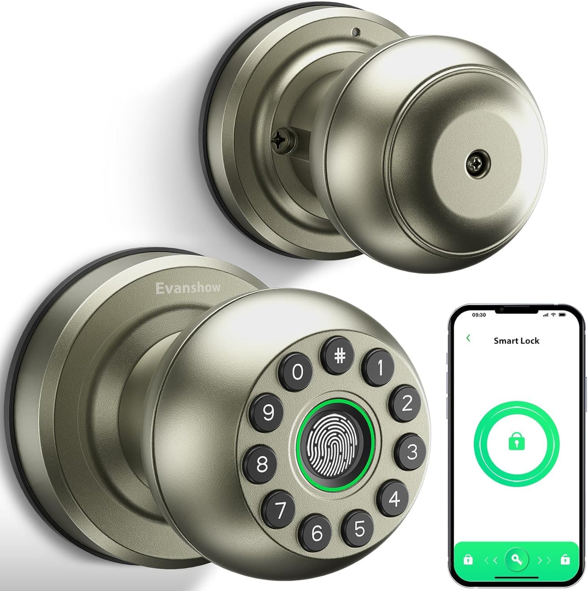 Smart Door Knob Fingerprint Door Lock 4-in-1 Keyless Entry (Fingerprint/App/Code/Key) with Auto-Lock Easy Install for Home/Bedroom/Office-Silver