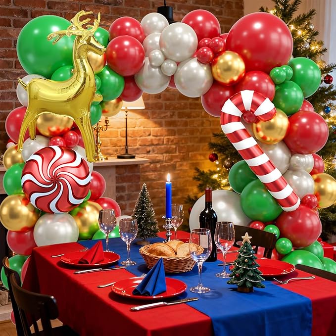 Christmas Balloon Arch Kit, Christma Green Red Sand White Gold Balloons, Candy Crutch Deer Foil Ballons for MerryChristmas Party Decorations Xmas Party Supply Birthday,Baby Shower