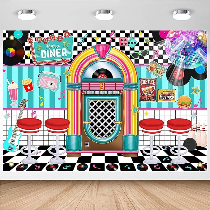 Avezano 50s Retro Diner Party Backdrop 50s Retro Rock and Roll Diner Classic Party Decoration Banner 1950s Sock Hop Decor (96 x 75 Inch)